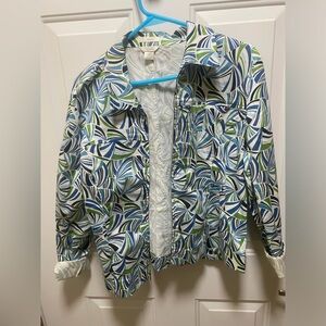 Christopher & Banks M Blue Green Swirl Print Zip Jacket Twill Abstract Design